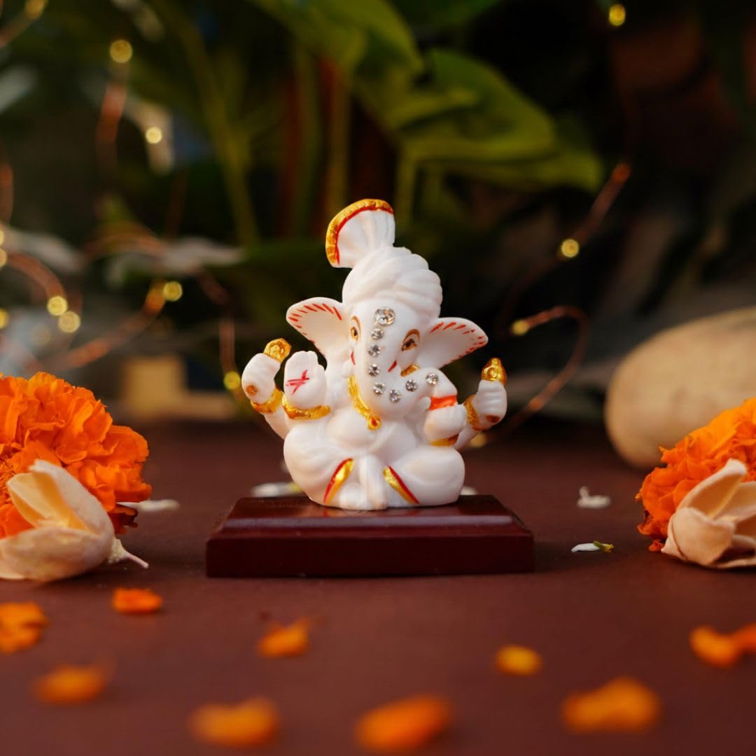 Servdharm Pagri Ganesh Ji with Pedestal Murti Decorative Showpiece for Home Decor | Ganesha Idol for Car Dashboard, Home Temple, Office Desk, or Puja Room | God Idol for Puja and Festive Gifting 3.2"