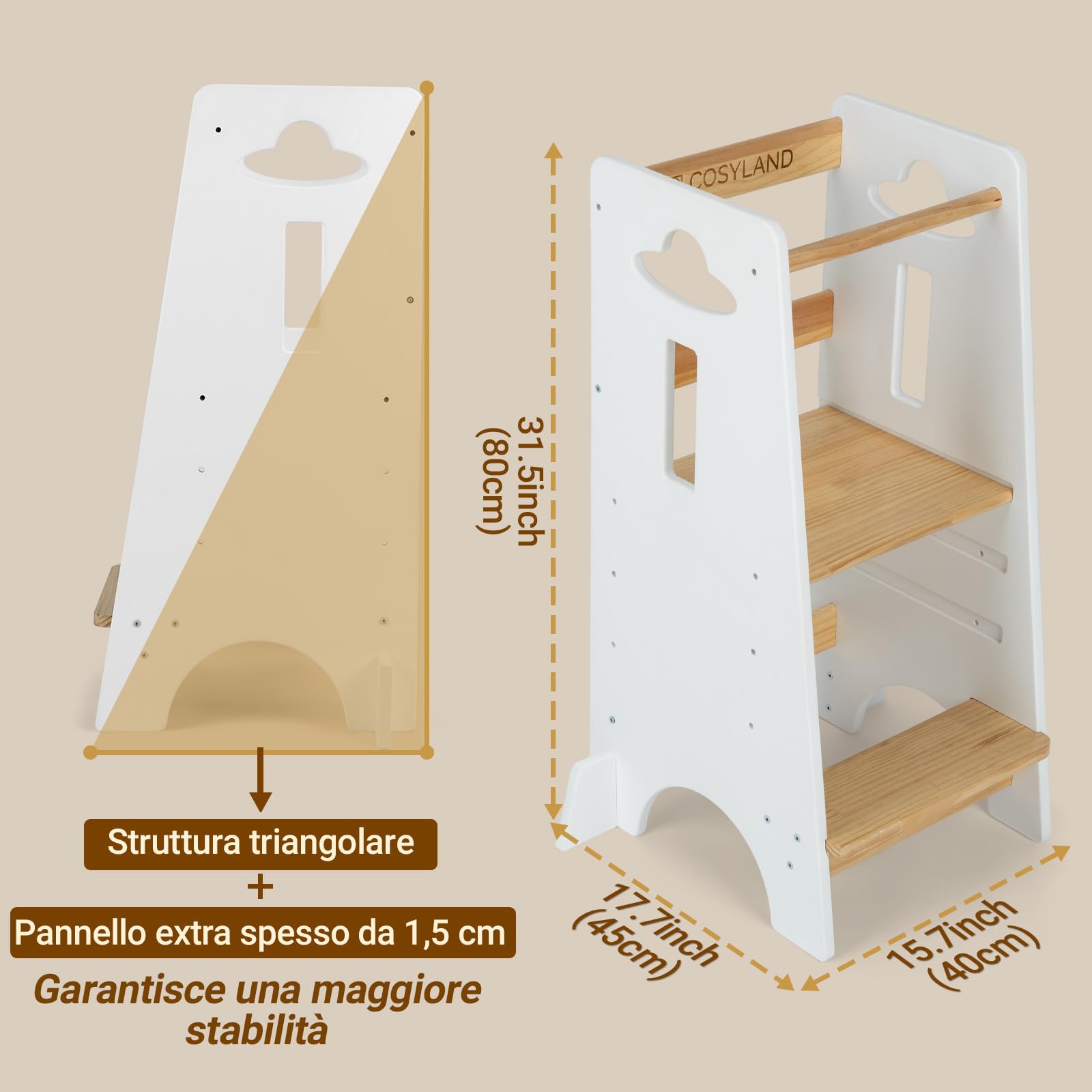 COSYLAND Torre Montessoriana Bambini 1 Anno – Torretta Montessoriana Legno Spesso Regolabile 3 Altezze Bianco Classico Naturale