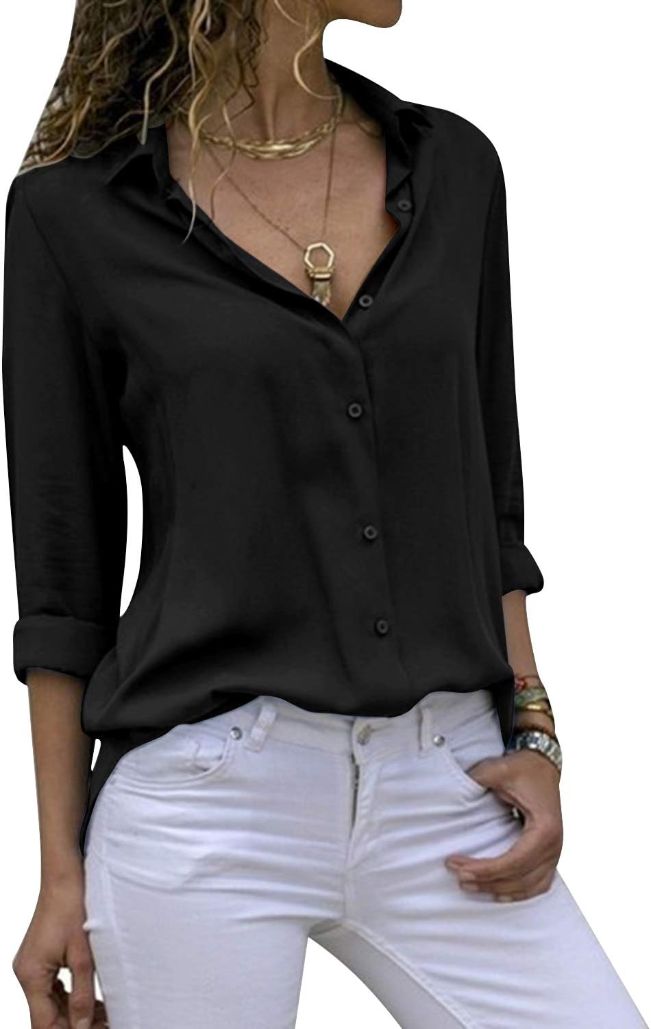 Cassiecy Womens Casual Chiffon V Neck Long Sleeve Button Down Blouse Solid Color Shirts Top