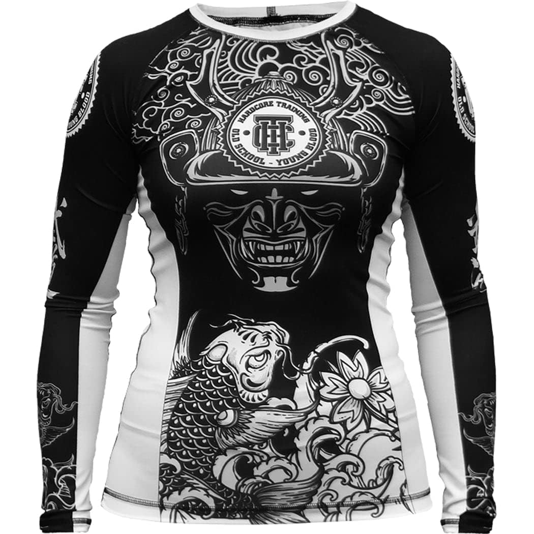 Hardcore Training Women's Black White Rash Guard Long Sleeve Compression Base Layer Tight Fitness Yoga Running Gym Workout