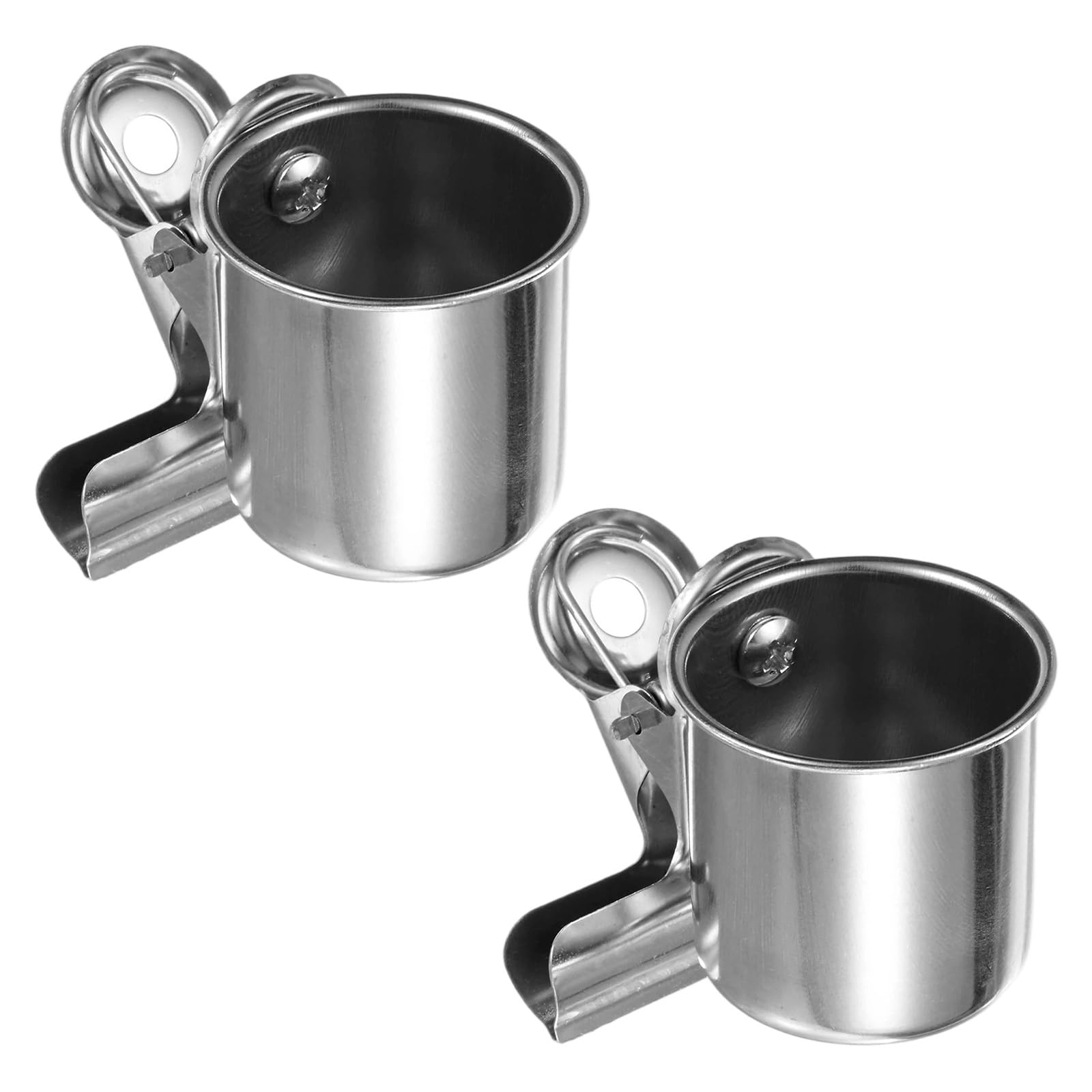 M METERXITY 2-Pack Bird Parrot Feeding Single Cups, 1.73 Inch Stainless Steel Birdcage Bowls Feeder Cup with Holder Hanger for Canary/Lovebird/Parakeet Cage Accessories