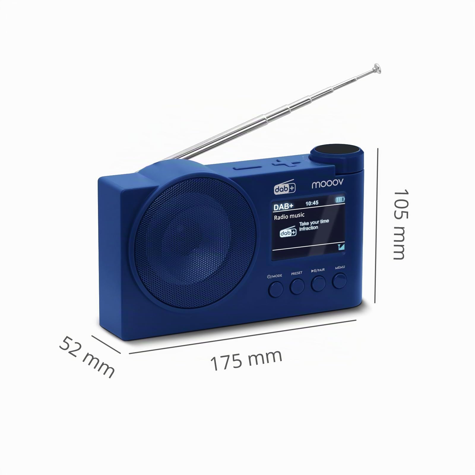 Mooov 477255 - Radio Dab+ y FM con Bluetooth 5.0, Despertador Doble Alarma, Pantalla Color, USB MP3, Batería Recargable hasta 15h, Función Sleep, Azul