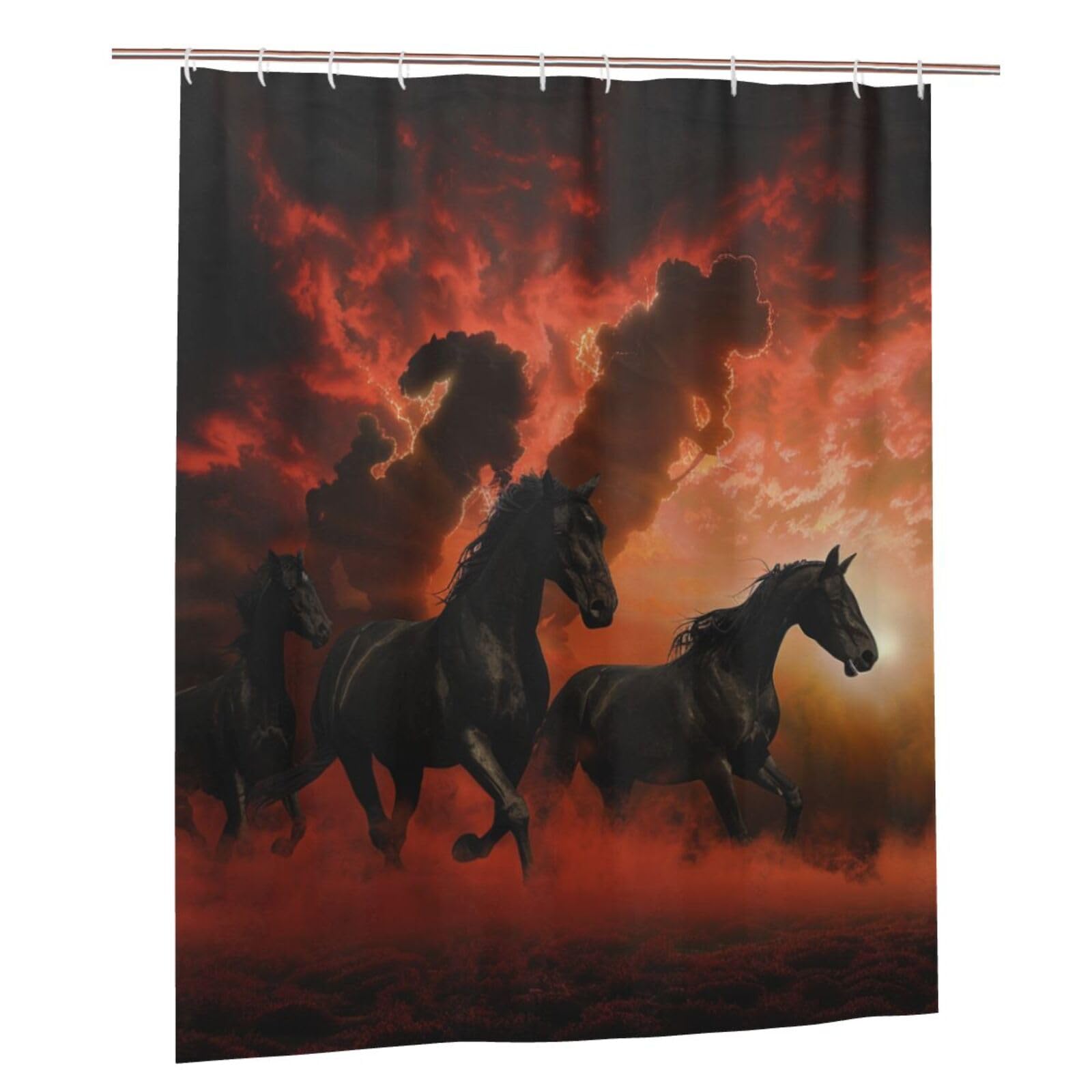 BWWHCCTI Black Horses Red Glowing Clouds Printed Shower Curtain With 12 Plastic Hooks Opaque Quick Drying Waterproof Shower Curtains Sets For Bathroom 152x183 Cm