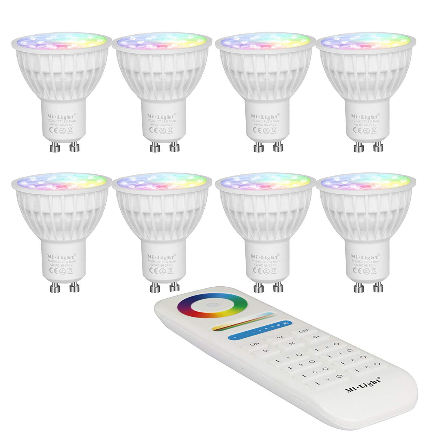 LIGHTEU, 8 x Ampoule LED colorée RGB+CCT (RGBWW) Milight original®, WiFi, 4W, GU10, blanc chaud à intensité variable, Avec Télécommande sans fil 2.4GHz RF [Classe énergétique A+]