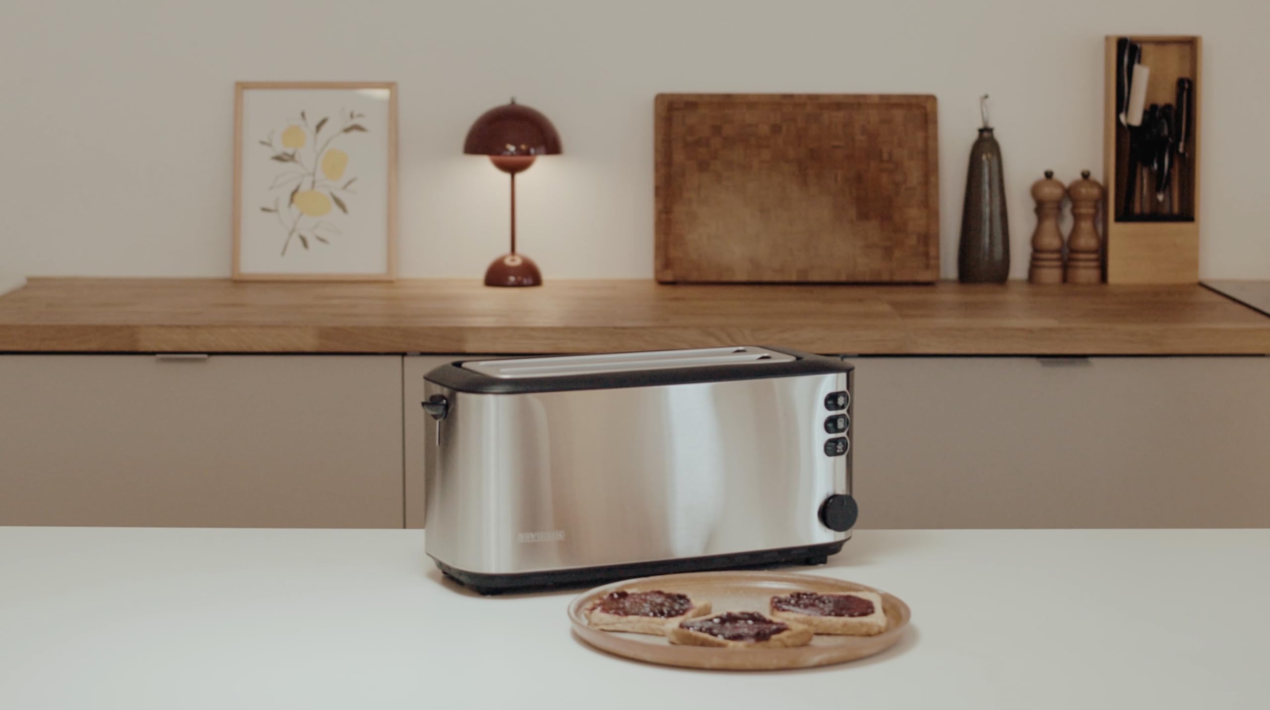 Severin Tostadora automática, tostador con dos ranuras y soporte para panecillos, 1400 W, acero inoxidable cepillado y negro, AT 2509