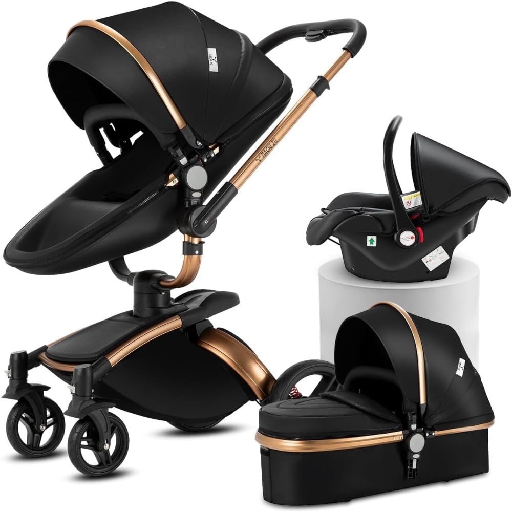 Carro de bebé 3en1 de cuero PU rotatorio 360° con modo cuna | Plegado con un clic & Convertible de recién nacido a toddler(negro) | Diseño convertible adecuado para recién nacidos y niños. Rotación práctica 360°, plegado rápido, material de cuero PU