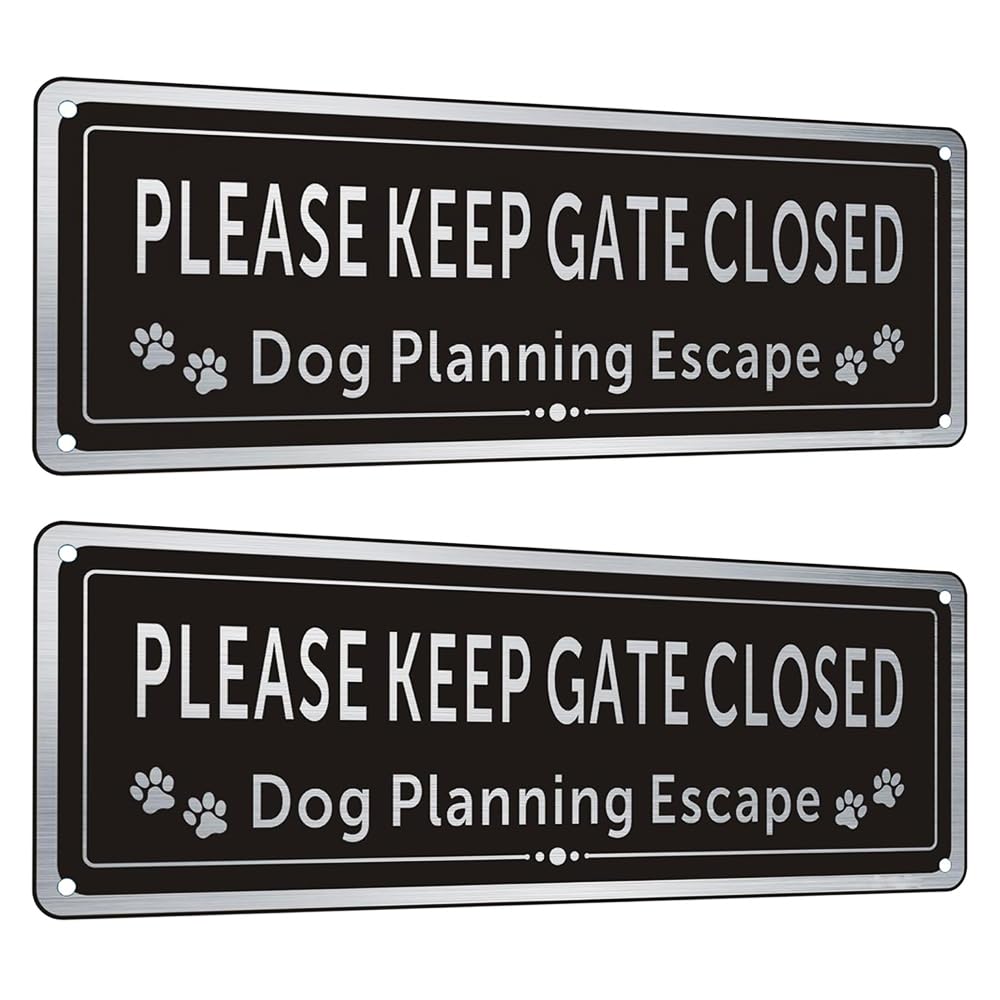 Please Close the Gate Sign Dog - 2 Pack Beware of the Dogs Outdoor Gates Sign - Brushed Aluminium 25 x 9 cm Shut Gate Signs - UV Protected Weatherproof Warning Sign - Easy to Install