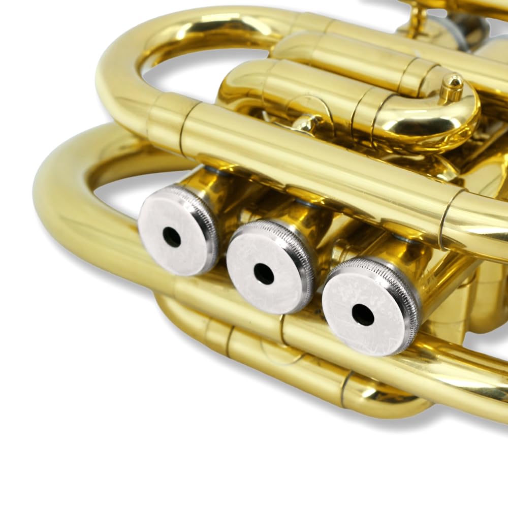 Trompette de poche en laiton nickelé avec embouchure 7C, kit de nettoyage, étui de transport, gants pour débutants/étudiants (doré)