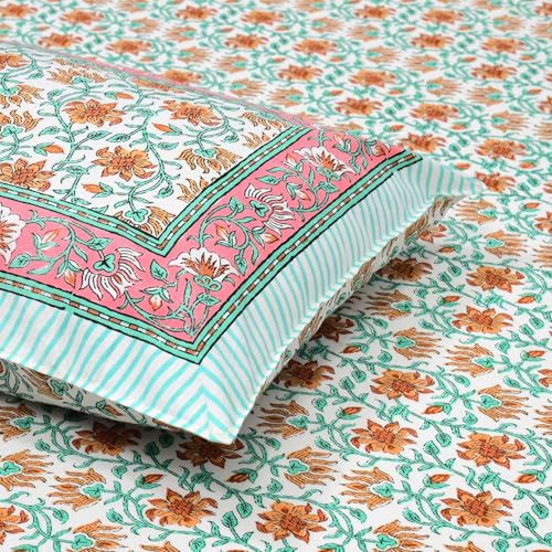 Image of elanorhomes 100% Cotton King Size Bedsheet, 240 TC Soft Breathable Bed Sheet with 2 Pillow Covers, Floral Printed Cotton Bedsheet for Double Bed, Machine Washable, 90x108 inch (Saffron Fern)