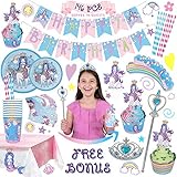 Unicorn Mermaid Party Supplies Set, Sturdy Birthday Decorations & Tableware in Rainbow Pastel Colors with Plates, Cups, Napkins, Straws, Cupcake Wrappers, Toppers, Banner, Table Cover, Tiara, Wand
