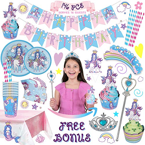 Unicorn Mermaid Party Supplies Set, Sturdy Birthday Decorations & Tableware in Rainbow Pastel Colors with Plates, Cups, Napkins, Straws, Cupcake Wrappers, Toppers, Banner, Table Cover, Tiara, & Wand