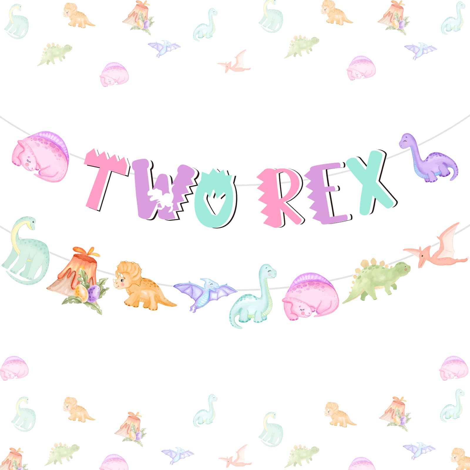 Dinosaur 2nd Birthday Decorations Girl - Two Rex Banner with Dinosaur Garland, Pink Roar Dino Roar Im 2 Birthday Party Supplies