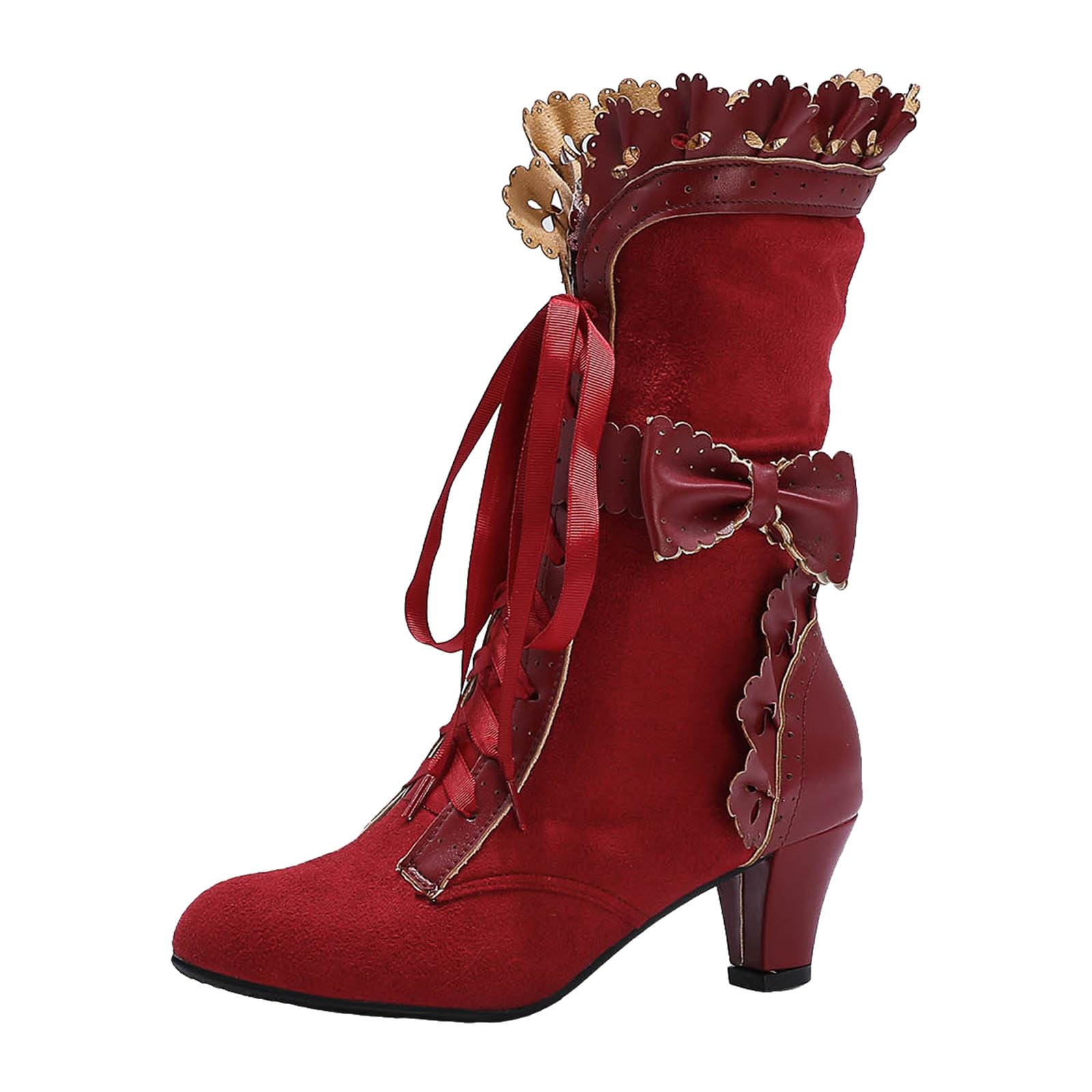 Botas de tacón medio para mujer Elegantes botas con cordones con lazo Punta redonda Botas de vaquero occidentales cómodas Botas de invierno Botas largas para mujer