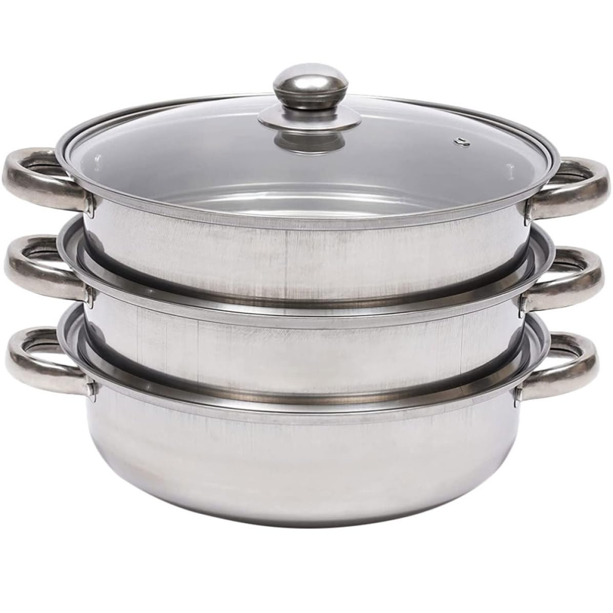 Edelstahl Dampfgarer Topf 28cm Dreistufig, Glasdeckel, Silber