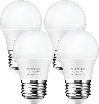 Flaspar 4 Pack A15 5W 120V Small LED Refrigerator Light Bulb, 40W Equivalent 5000K Daylight White Ceiling Fan Globe Bulbs, E26 Base Small G45/A15 Shape for Appliance, Vanity, Bedroom, Non-Dimmable