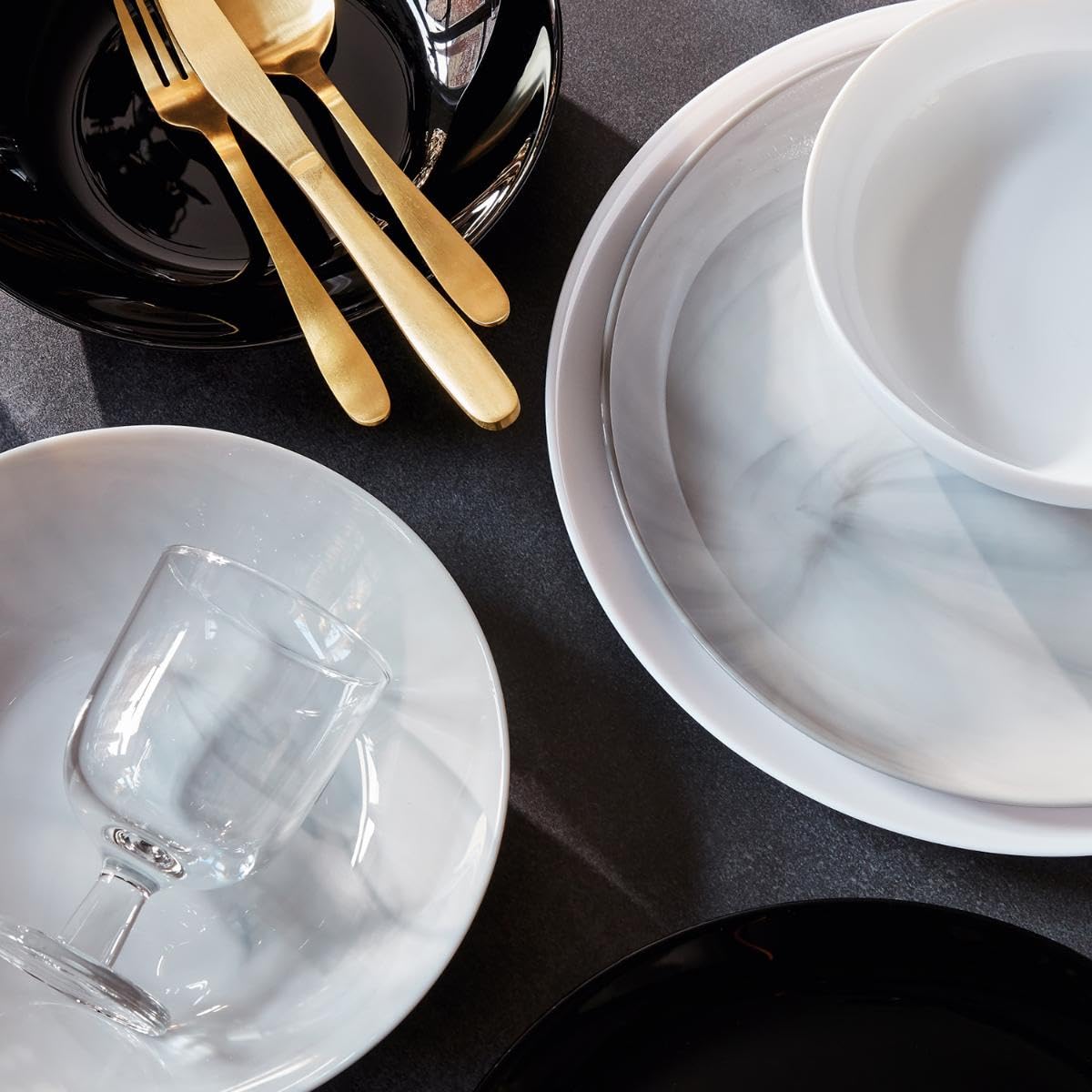 Luminarc Diwali Granit Marb Service de table opale 18 pièces 6 personnes Opale Passe au micro-ondes Passe au réfrigérateur empilable