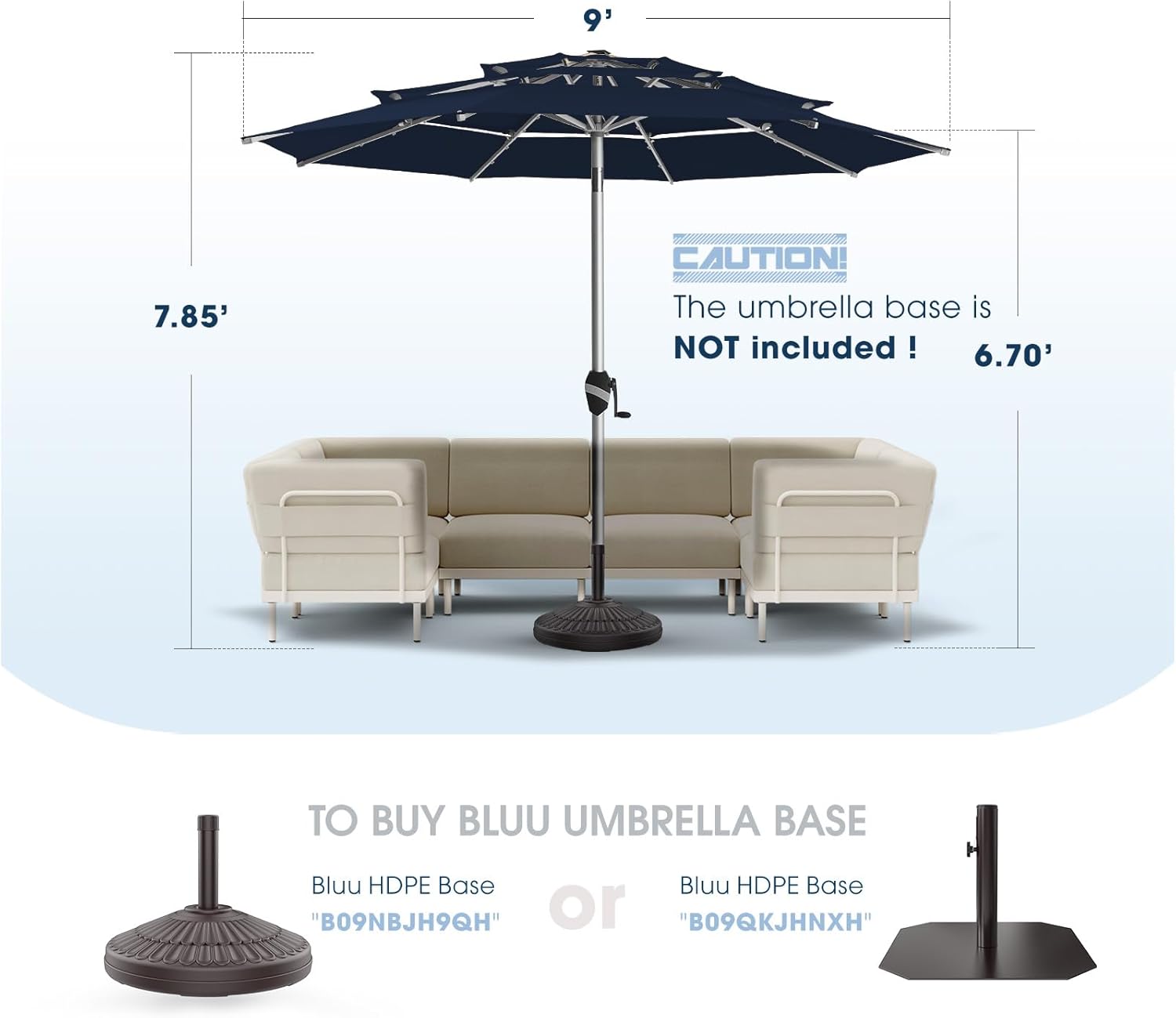 BLUU 9 Ft 3 Tiers Patio Umbrella with Solar LED Lights, 5-YEAR Fade-Resistant Aluminum Outdoor Table Umbrella with Tilt Adjustment and Crank for Pool, Deck, Garden and Lawn, Navy Blue - Image 7