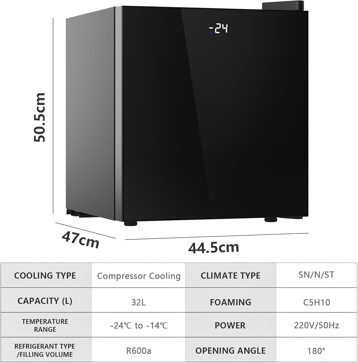 Diagram showing external dimensions of the Advwin 32L Mini Upright Freezer: 50.5cm height, 47cm depth, 44.5cm width, and a table of specifications.