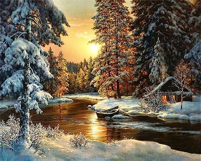 Image of TREXEE DIY Oil Number Pre-Printed Textured Canvas with Painiting Brush Acrylic Easy Hobby Non Toxic Pigment Paint 16X20 inch for Adults Beginner Kids Gift Home Wall Decor Without Frame (Ice Hut)