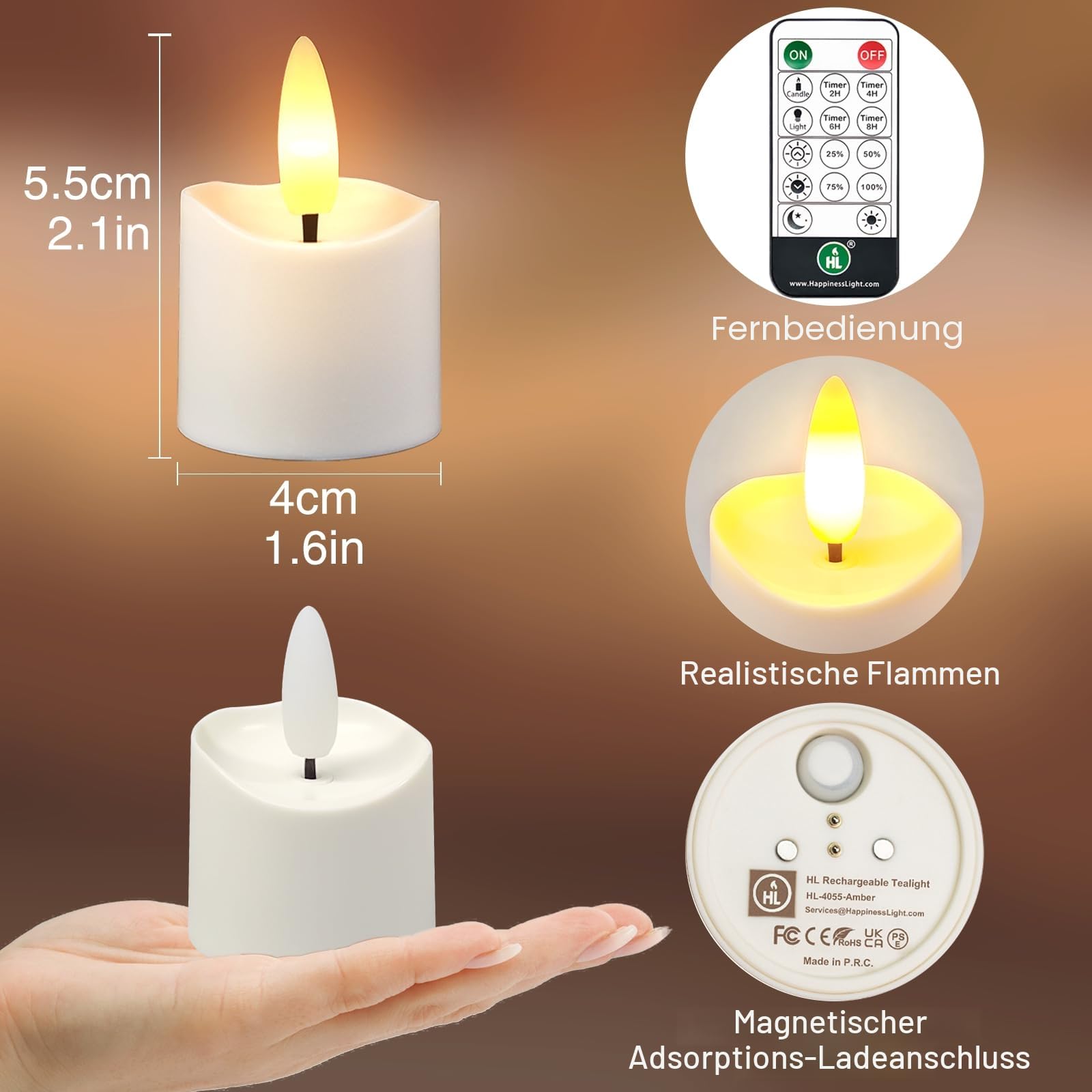 HL Wiederaufladbare LED Teelichter mit Ladestation,wasserdicht, 100 Stunden helle magnetisch aufladbare Kerzen mit flammenlose Fernbedienung, elektrische Deko für Zuhause, Halloween & Weihnachten