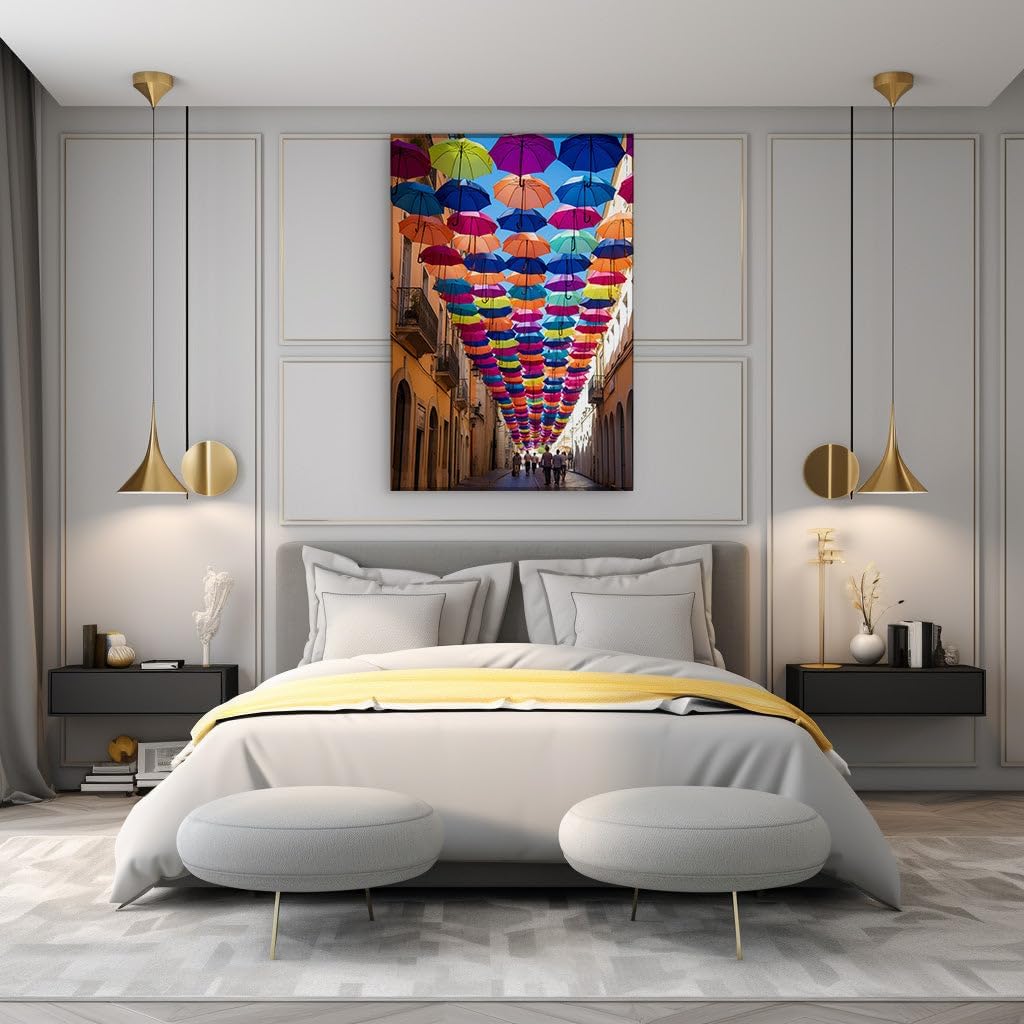 Canvas for Living room. Umbrella Canopy Transforms Urban Street into a Kaleidoscope of Color, 27 x 18 inch Canvas Wall Art - Modern Home Decor - 69x46 cm (27x18 inch)