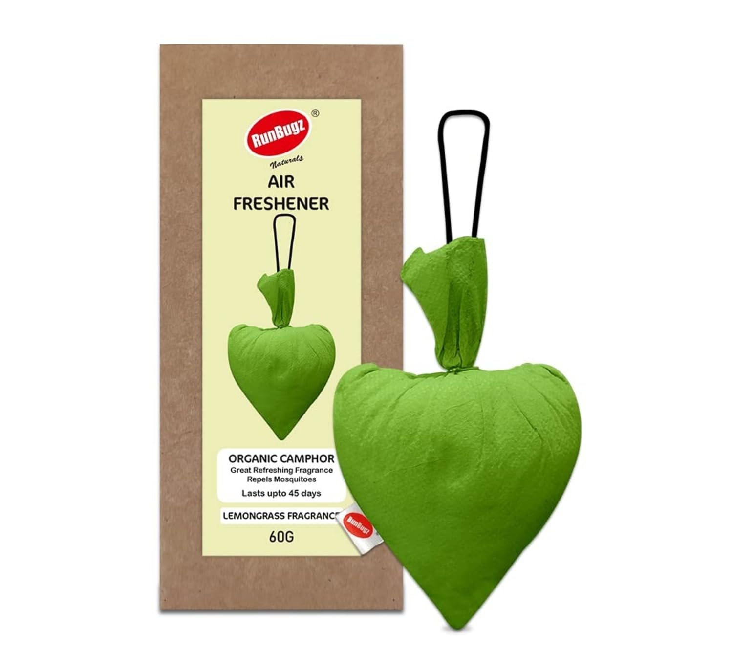 Runbugz Camphor Heart Pouch lemongrass Fragrance Air Freshener 60g for Car/Wardrobe/Bathroom & Room –100% Pure | Multipurpose Natural Chemical Free Air Freshener Pack of 1