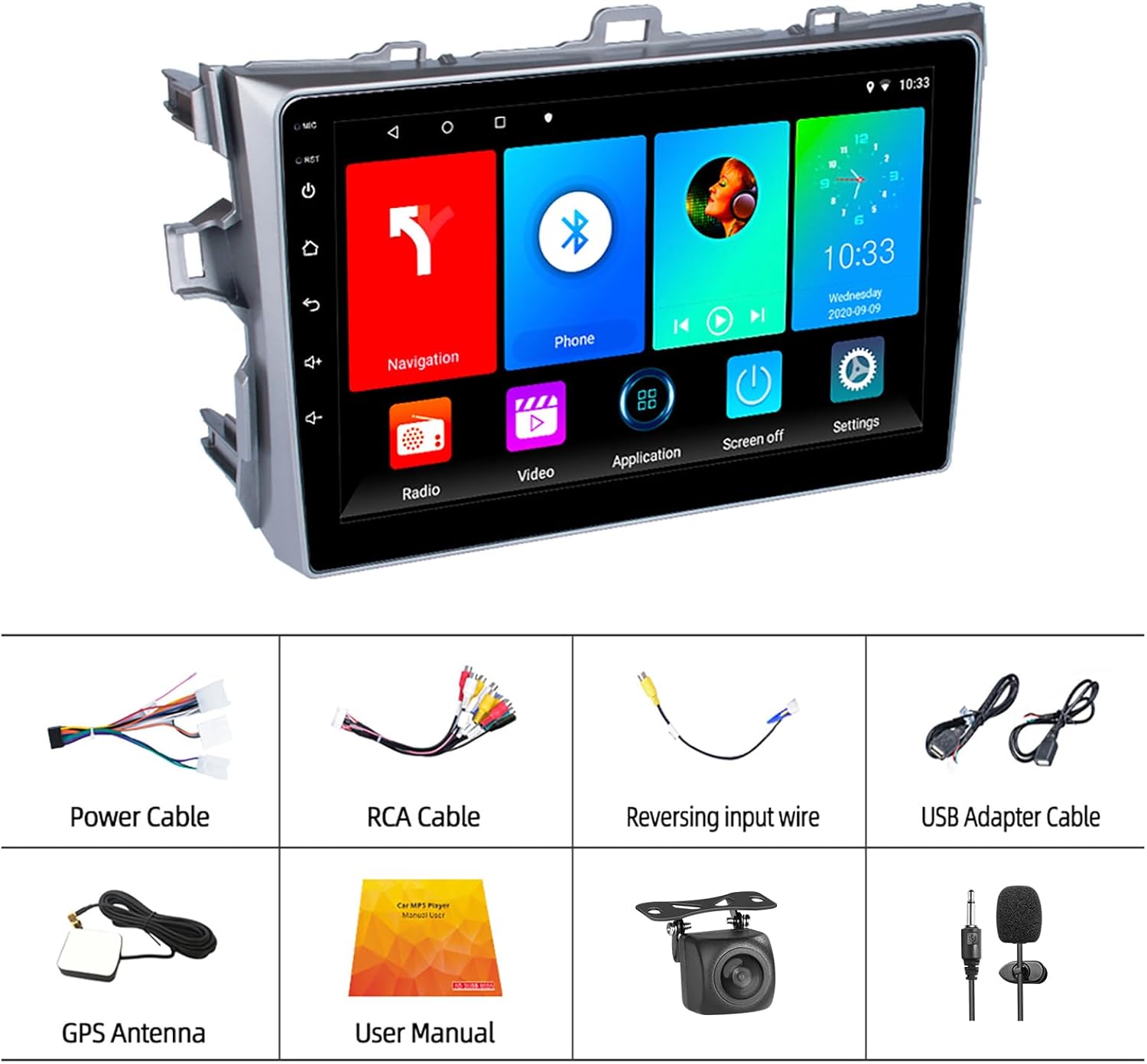 Car Stereo for Toyota Corolla 2007-2012 with Wireless Apple Carplay and Android Auto,9 Inch Touch Screen Car Radio with 4K Camera Support BT/Mirror Link/FM/WiFi/GPS Navigation, 2GB+32GB,