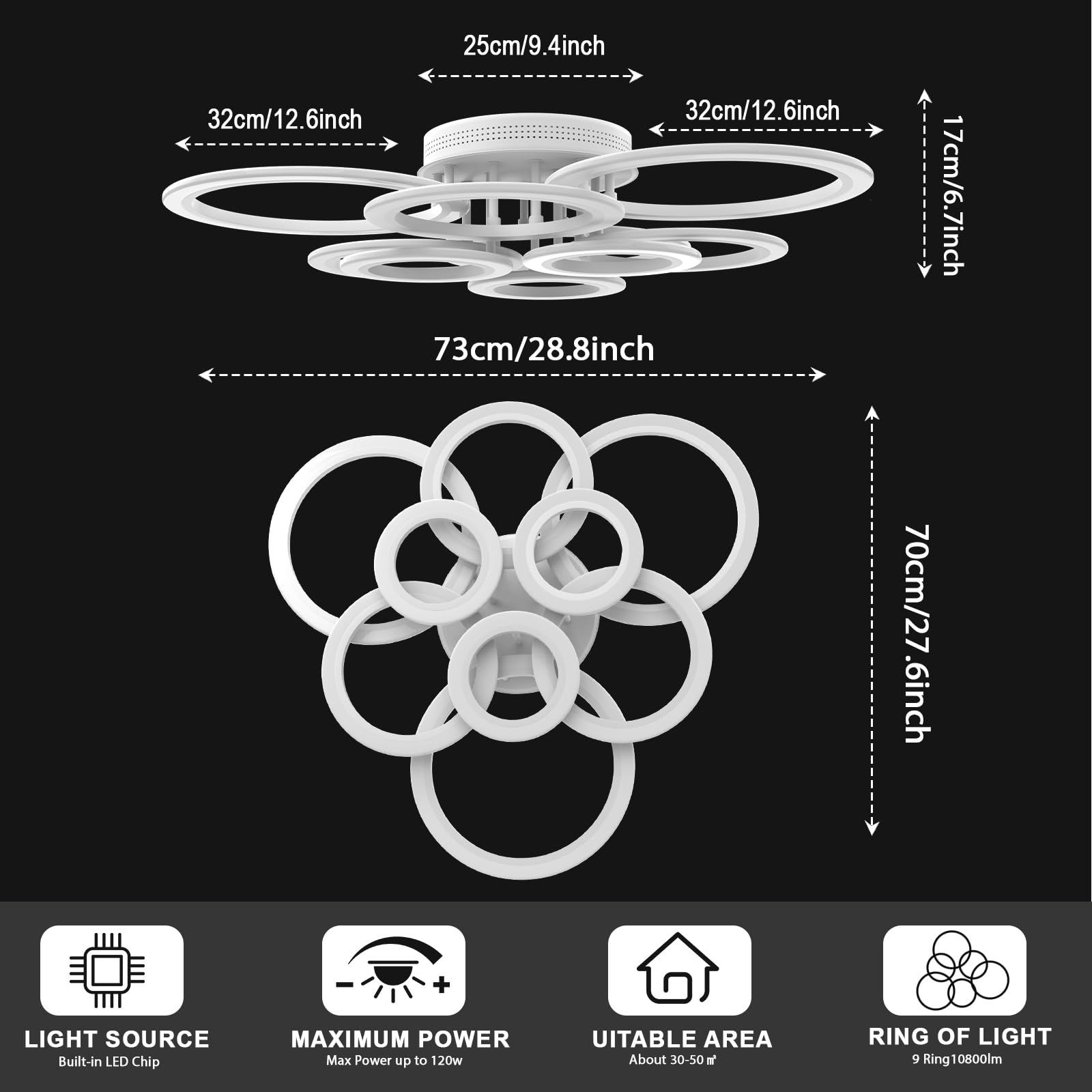 Moderna Lampara de Techo LED, Regulación Continua Lámparas de Techo Salon, Mando a distancia y Anillo Acrílico Smart App Control Lamparas Techo Para Salón Comedor Dormitorio (Blanco, 9 Anillos)