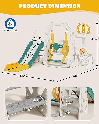 Miniatura 6 de Glaf Juego de tobogán y columpio para niños pequeños 6 en 1, juego para exteriores, tobogán para niños pequeños de 1 a 3 años, juguetes para