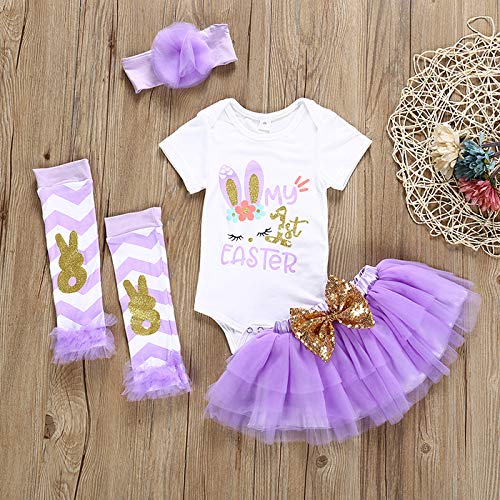 Baby Girl Easter Clothes My 1St Easter Outfits Baby Girl Rabbit Bodysuit Polka Dot Tutu Skirt Bunny Headband Leg Warmers (Purple, 0-3 Months) #TOP1