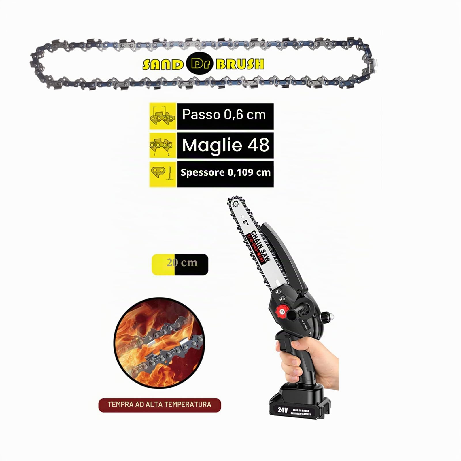 Catene 8 Pollici Sega Mini Motosega，Catena di Ricambio Ricaricabile Portatile da 8 pollici 3 pezzi，Catene Lunghezza 31cm，1/4"， 0.043"(1.1mm)，48DL (3PCS-8IN-1/4 043 48DL)