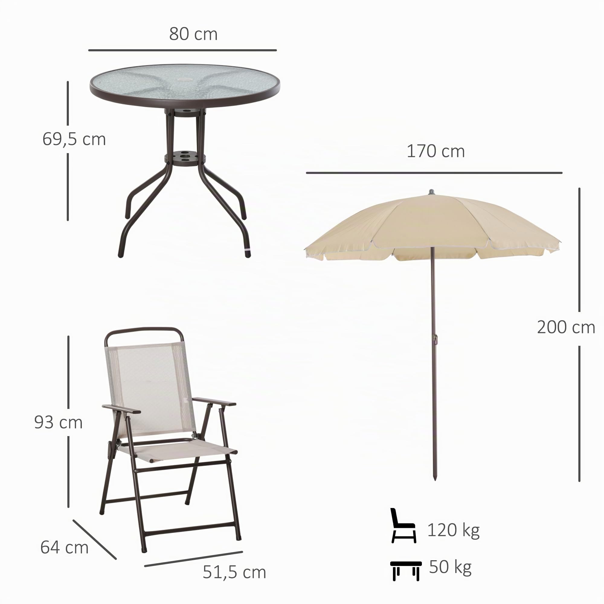 Outsunny Salon de Jardin 6 pièces Table Ronde Chaises Pliables Parasol Acier époxy Polyester Beige