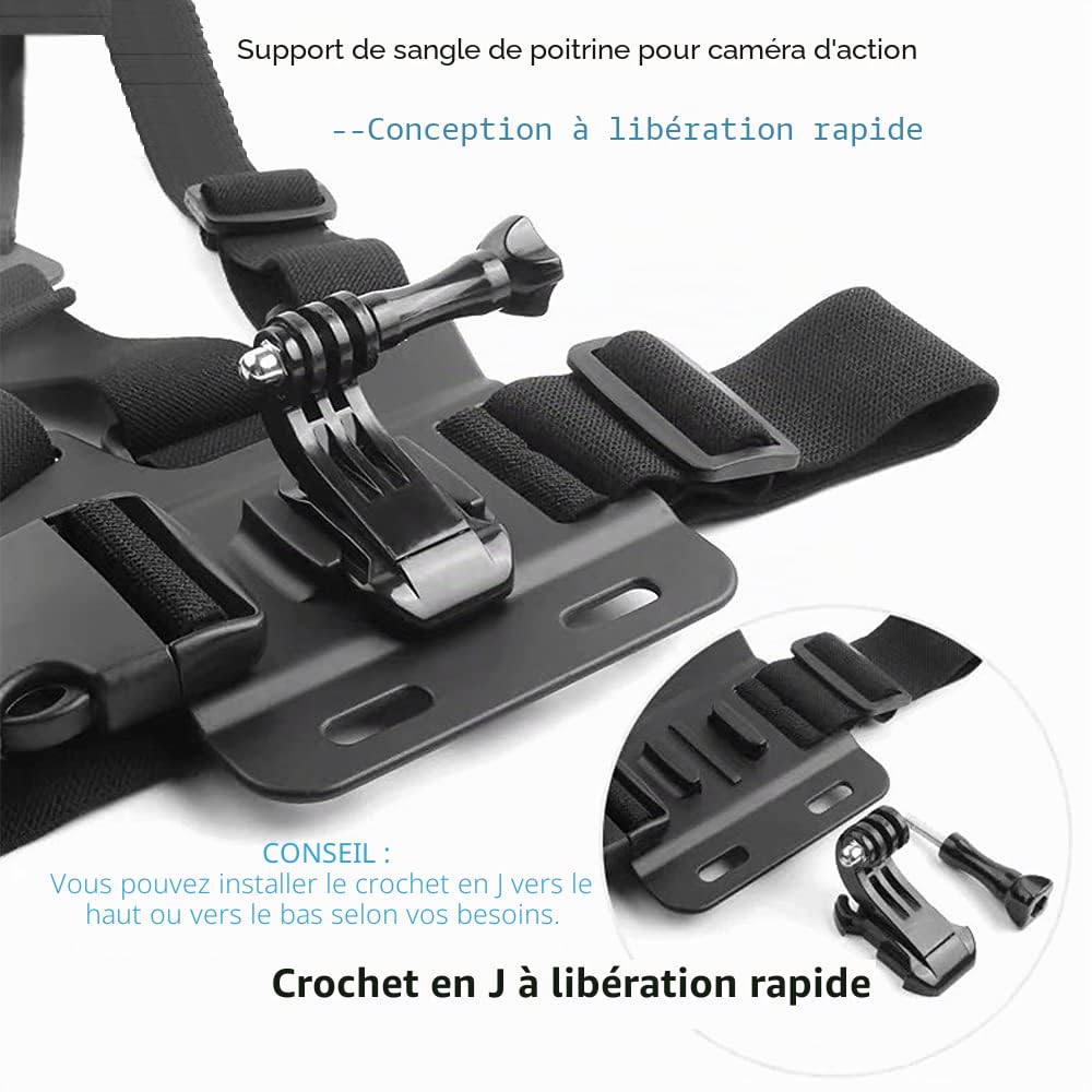 Kit d'Accessoires 5 en 1 pour Camera Action, Harnais Poitrine Fixation Bandeau, Perche à Selfie Compatible avec GoPro Hero 13 12 11/DJI Osmo Action 4 5 Pro/Pocket 3/AKASO EK7000/Apexcam