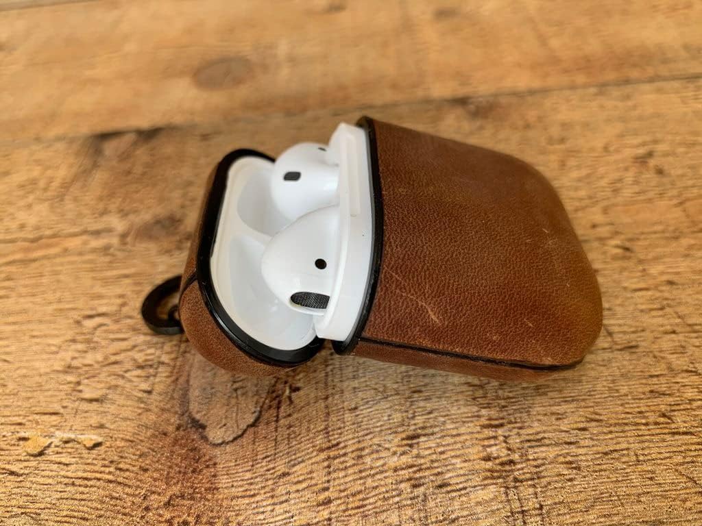 HARDISTON Genuine Leather Handmade Apple AirPods 1-2 - Hard Case with Keychain Clip - Support Wireless Chargers - Compatible with AirPods 1-2 (Brown)