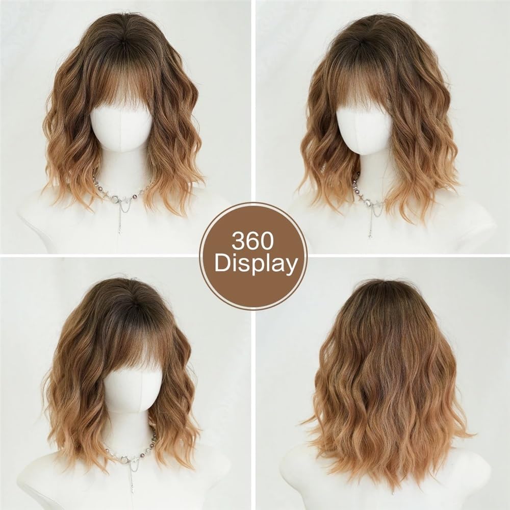 Peruki ombre blond z grzywką, 30 cm, syntetyczne peruki z falami wodnymi dla kobiet, do codziennego użytku, puszyste i naturalne