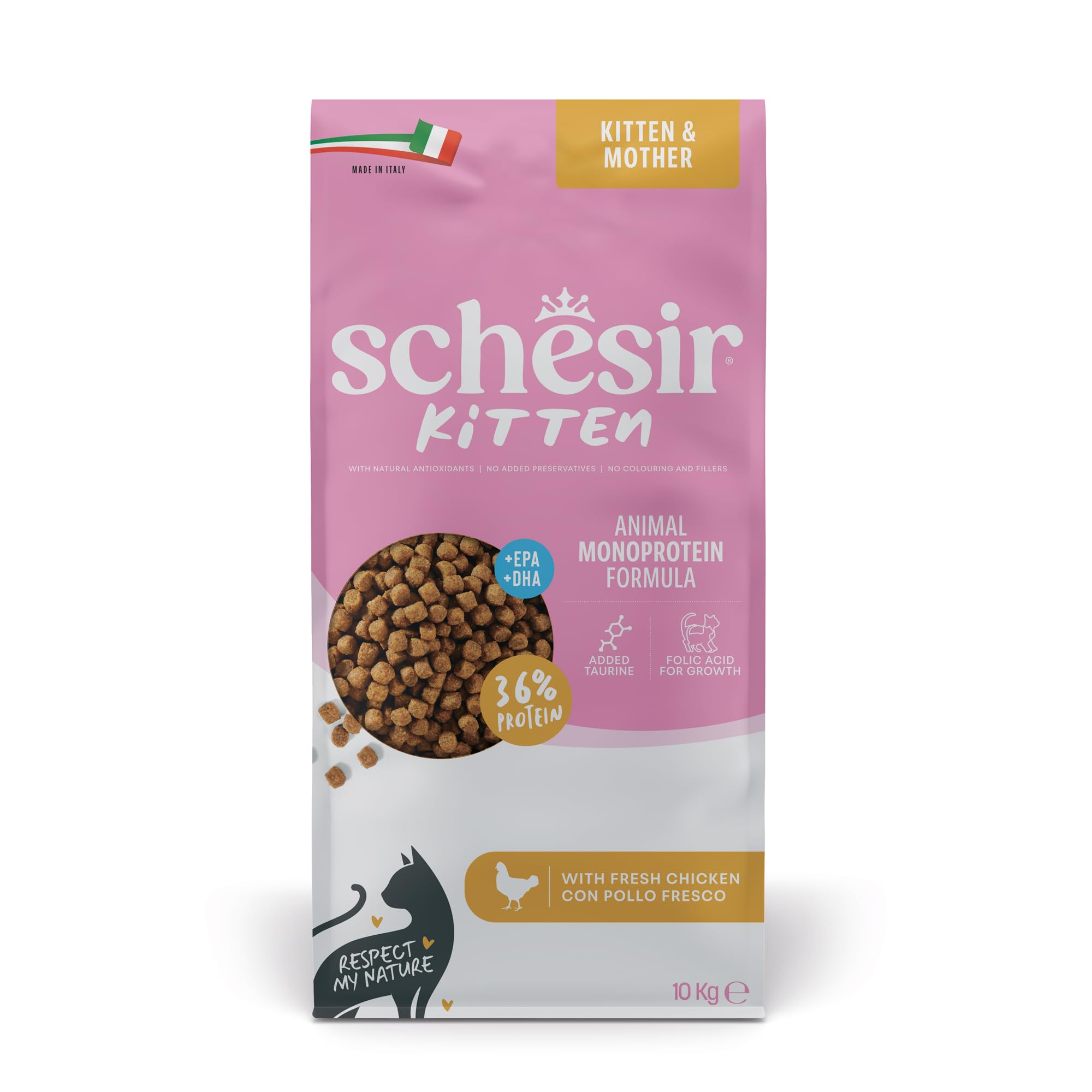 Schesir Animal Monoprotein Kitten, Croquettes pour Chatons, Aliment Sec Monoprotéiné Complet et Équilibré, Goût Poulet, 10 kg
