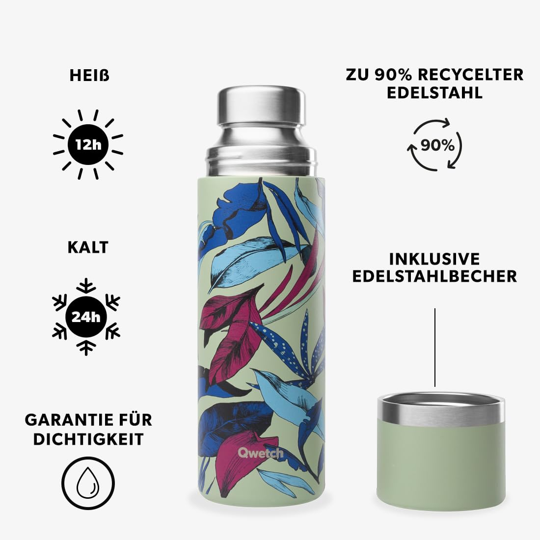 Qwetch - Thermoskanne Edelstahl 750ml Bahia - Isolierflasche & Thermosflasche mit recyceltem Edelstahlbecher - 24h kalt & 12h heiß - Auslaufsicher, BPA-frei & perfekt für Kaffee und Tee