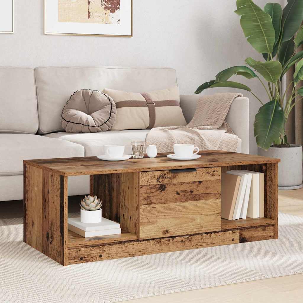 Mesa de centro con cajones de madera recuperada de 102 x 50 x 36 cm, mesa de salón con espacio de almacenamiento y estante, mesa auxiliar moderna para salón y sofá