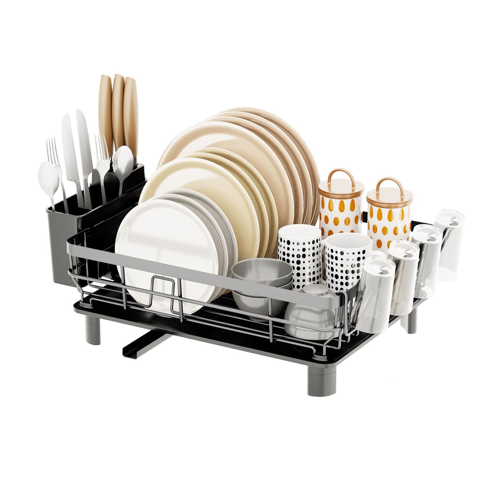 TBATM Single Tier Countertop Dish Drying Rack with Side Knife and Cutlery Storage Box, for Plates Bowls Mugs Cups and Cooking Utensils for Small Household Kitchen,Grey