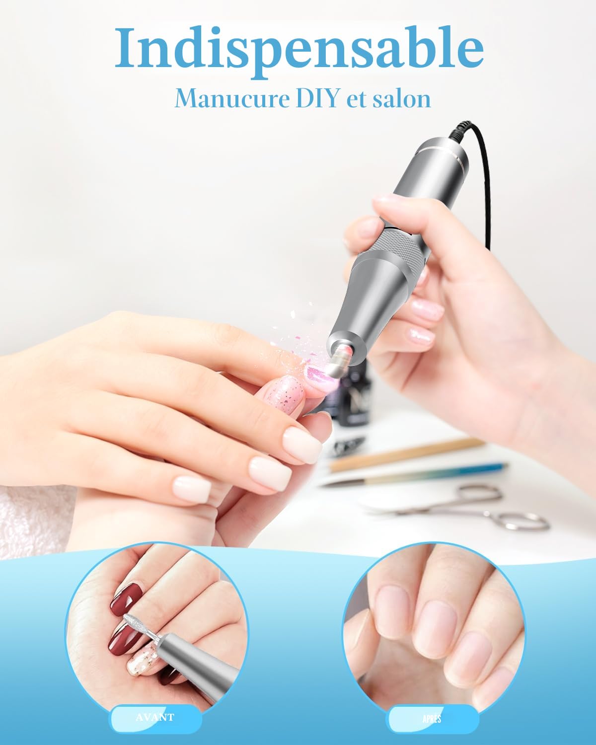 Ponceuse pour Ongles Professionnelle 35000 tr/min, Lime à Ongles Électrique Rechargeable pour Gel Acrylique & Polygel, Kit Manucure Sans Fil avec 7 Embouts & 56 Bandes Abrasives,Argent Foncé
