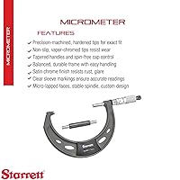 Vista 98 de Starrett 436.1 - Micrómetro exterior, tope trinquete, tuerca de bloqueo, caras de carburo, pulgadas, Negro, 1