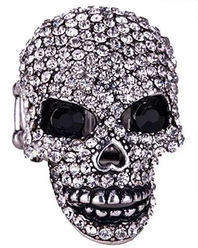 YACQ Women's Skull Stretch Rings Fit Finger Size 7 TO 9 - Moving Jaw - Lead & Nickle Free - Paved Crystals - (1-1/2 x 1) Inch - Scarf Holders - Women Girlfriend wife Biker Jewelry (Silver Clear)