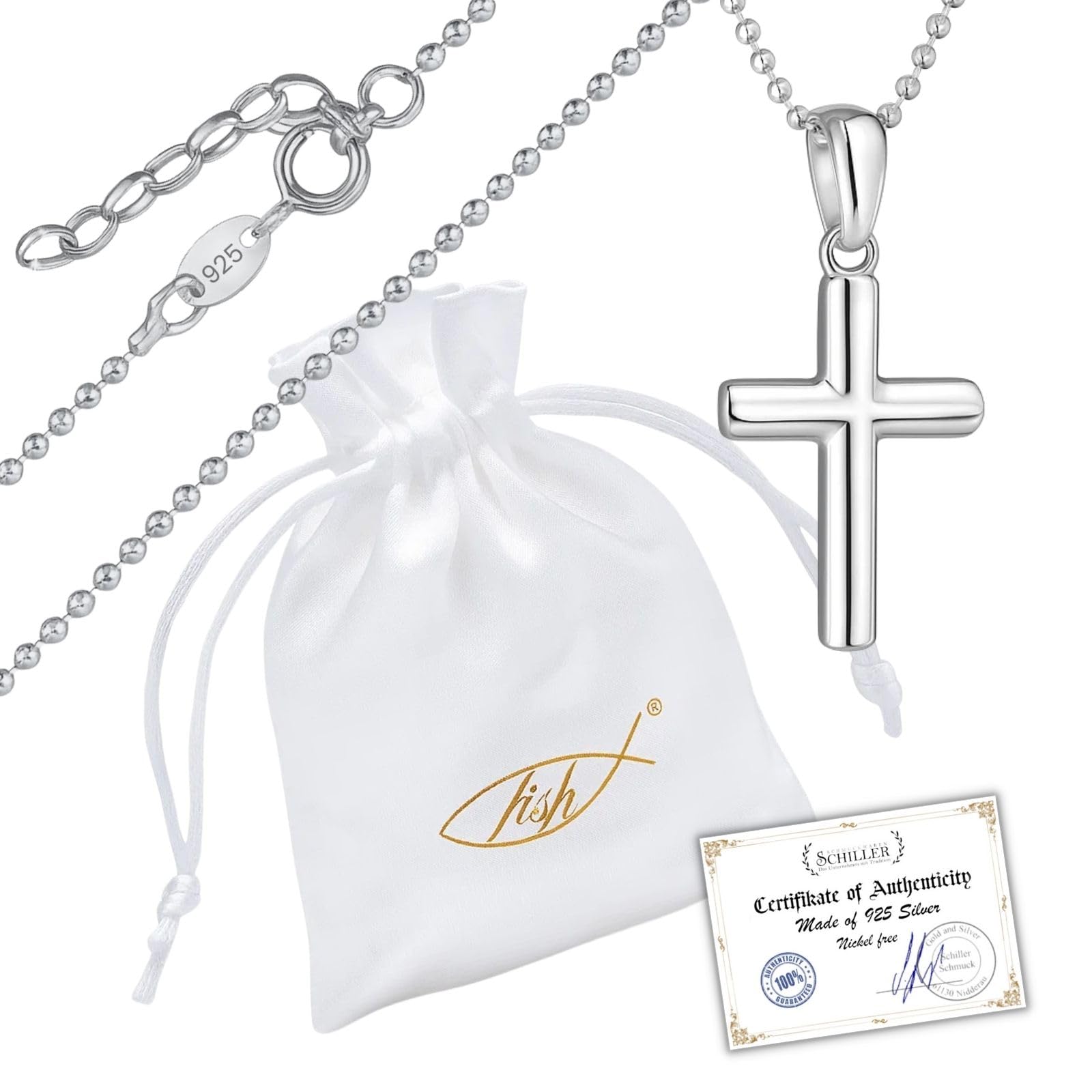 fish Cadena de plata de ley 925 para niños, colgante de cruz, longitud ajustable, estuche para regalo para niños pequeños