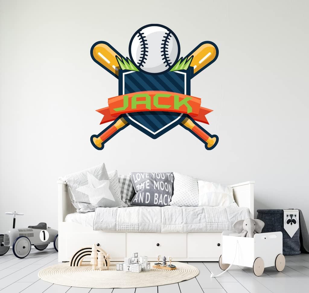 Baseball Custom Name Wall Decal - Personalized Name Sticker - Baseball Theme - Wall Decal for Home Nursery Decoration (Wide 40"x40")