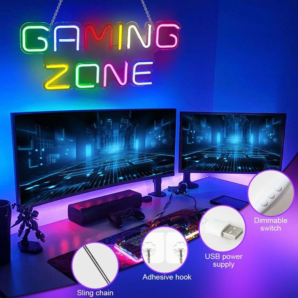 Gaming Zone Enseigne Lumineuse, Neon Gaming avec Interrupteur, Chargement USB Neon Gamer pour Décoration Gaming, Idéale pour Décorer Chambre, Bar, Salle de Jeux, Cadeau Parfait pour les Gamers