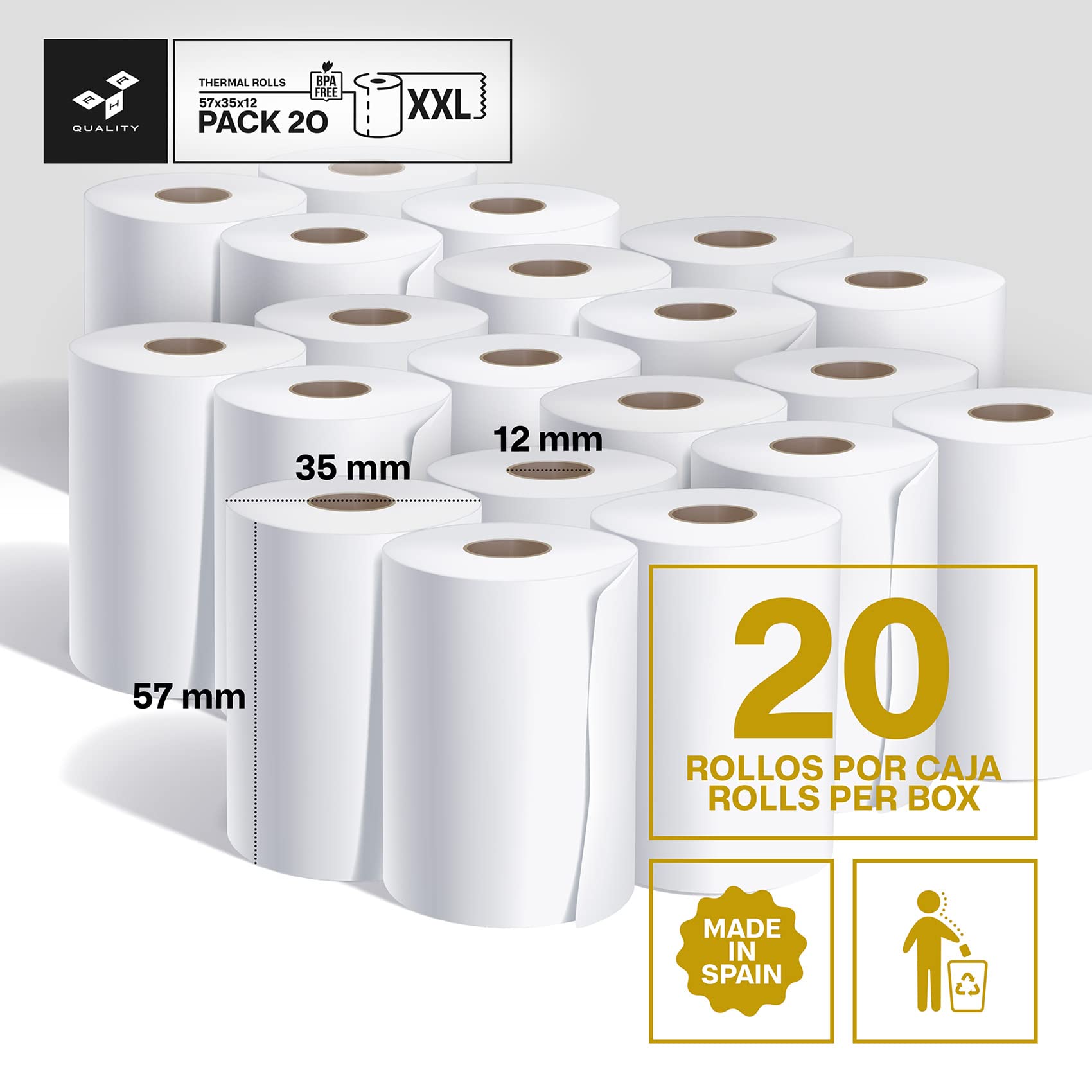 Rollos de Papel Térmico Blanco 57x35x12 mm Para TPV Sin BPA - Papel Termico 57mm - Papel Datáfono de Alta Durabilidad (20)
