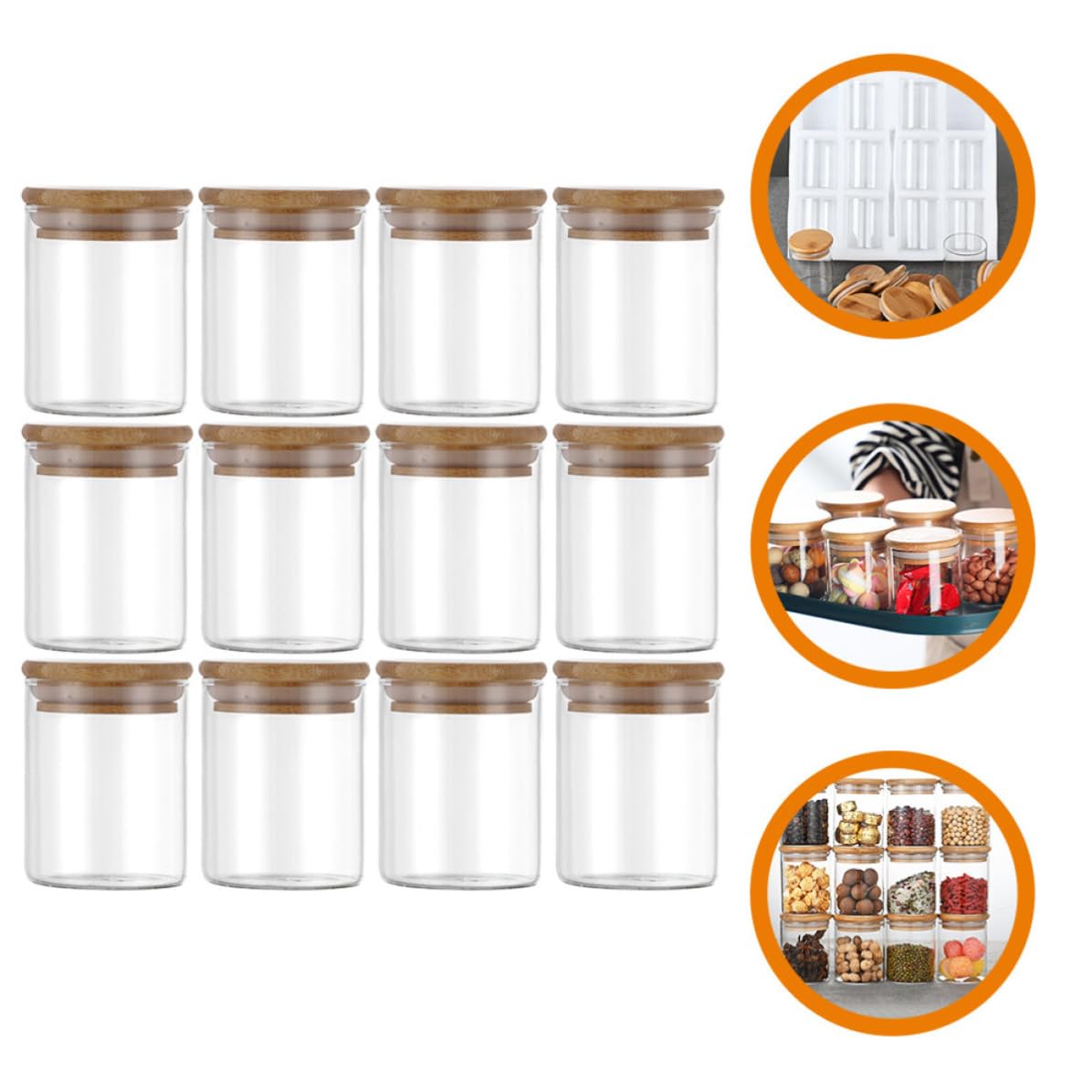 Tarro de Vidrio con Tapa de Bambú 250ml, 12 Piezas | Boca Ancha, Cierre Hermético, Vidrio y Silicona, para Harina y Azúcar, Formato Compacto de Cocina