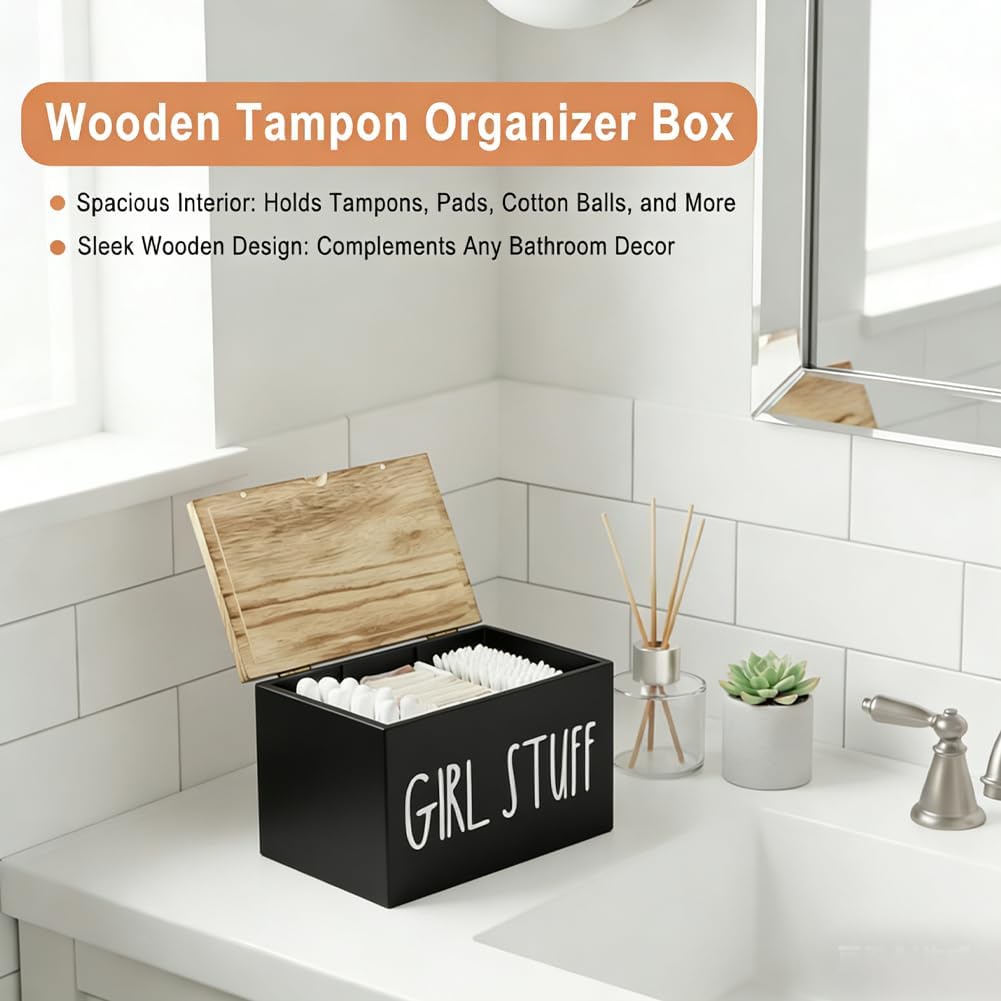 Wooden Tampon Holder for Bathroom, Hinged‑Lid Feminine Product Organizer