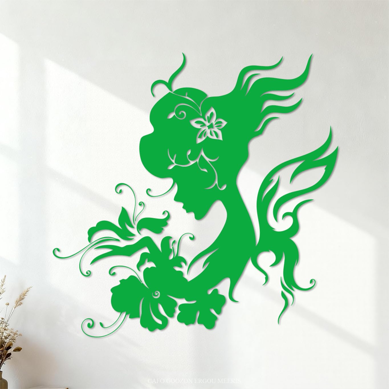 Mural and Wall Vinyl Decal Silhouette Beautiful Woman Butterfly Flowers 72x72.1cm Self Adhesive Green