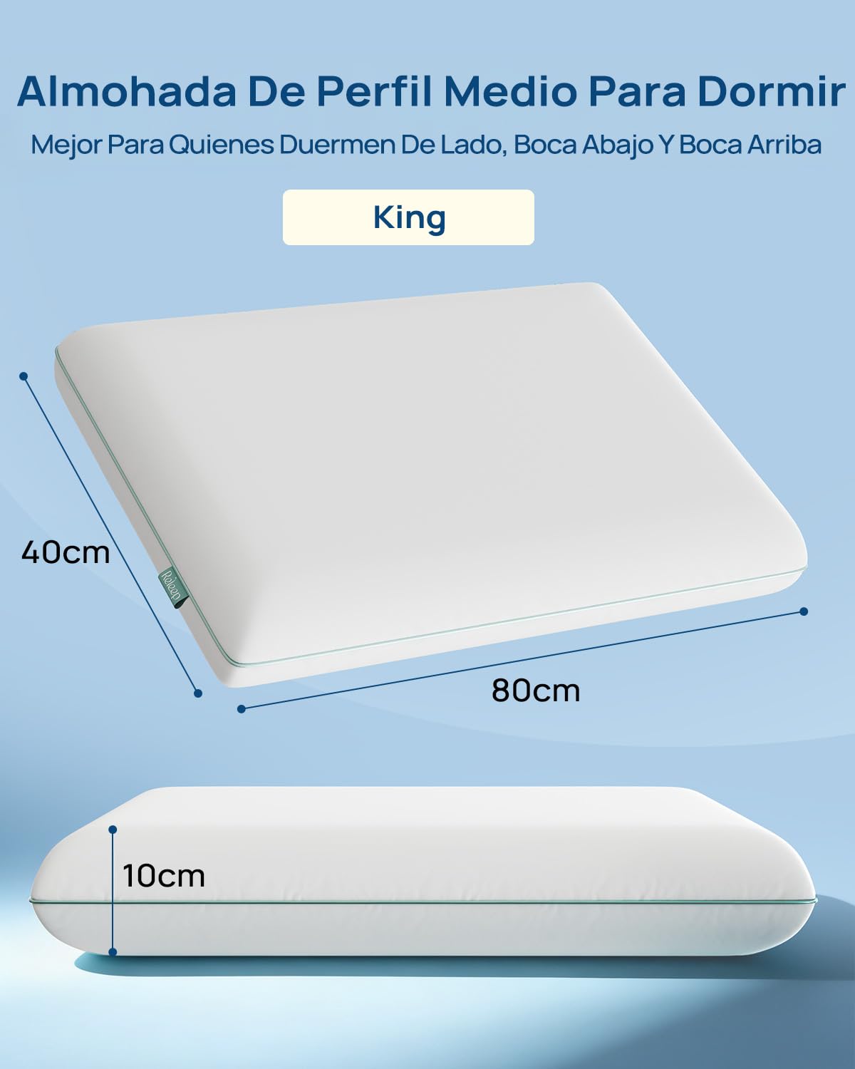 Releep Almohada Espuma viscoelástica y Gel, ergonómica para durmientes Laterales y de Espalda, certificada con Oeko-Tex y CertiPUR-US, tamaño King, 10 cm de Altura